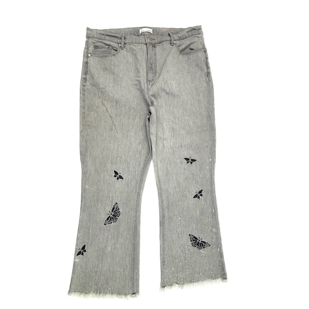 Loft The Kick Crop Raw Hem Butterflies Bleach Splatter Women's size 14 Gray Jean
